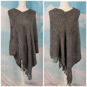 Vertigo Gray Textured Sequin Knit Fringe Poncho One Size NWT